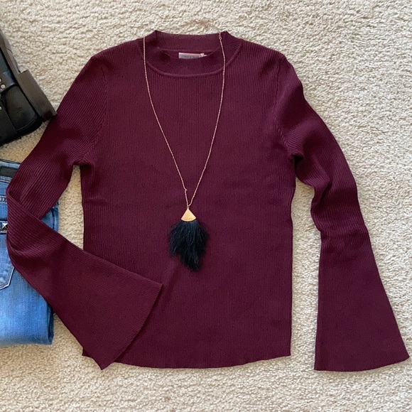 Wine Color Flare Sleeve Ribbed Knit Top - Picture 9 of 11